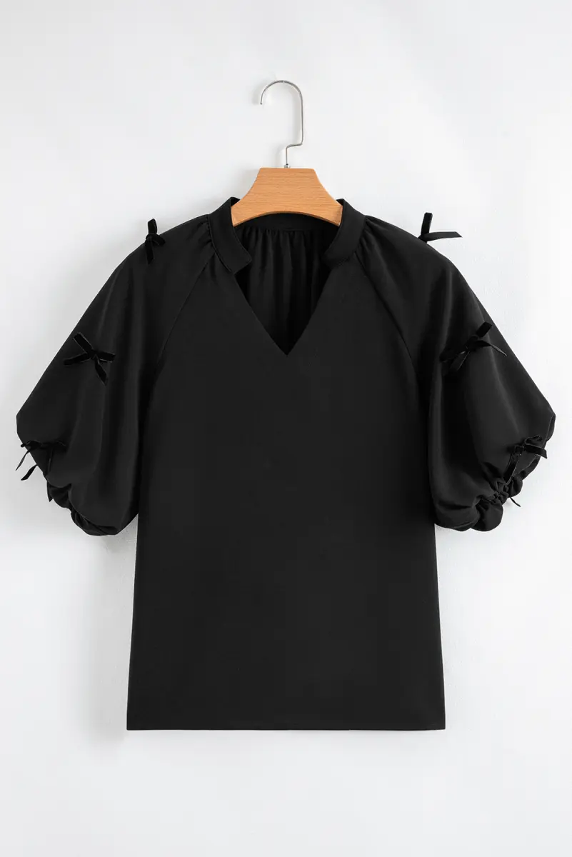 Black Bow Decor Puff Sleeve Split Neck Blouse for Women - Love Salve